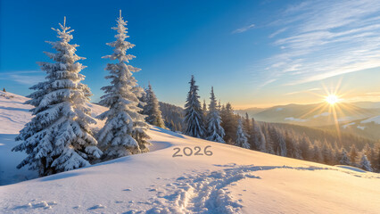 Fototapeta premium Stunning winter sunrise illuminates snow-covered evergreen trees and mountain landscape