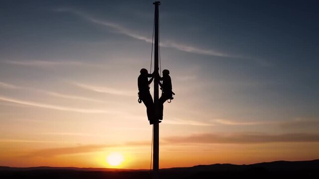 Silhouetted riggers ascend against fiery sunset