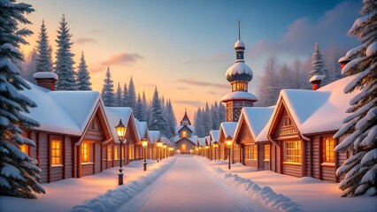 Cozy village street glows with warm lights on snowy winter evening