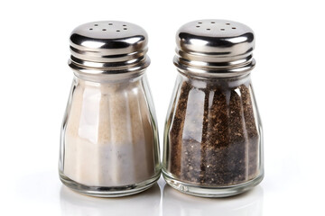 A pair of glass salt and pepper shakers with metal tops, filled with seasonings, ready for use at the dining table