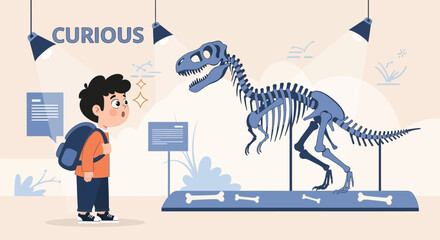 A cartoon boy expresses curiosity at a dinosaur skeleton exhibit in museum