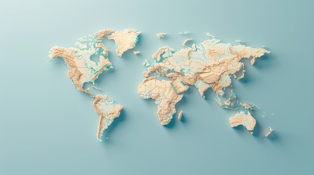 Simplified 3d world map design against a soft blue gradient background for minimalistic aesthetic