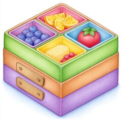 Pastel Colored Three Tiered Lunchbox with Fruits and Cheese Illustration