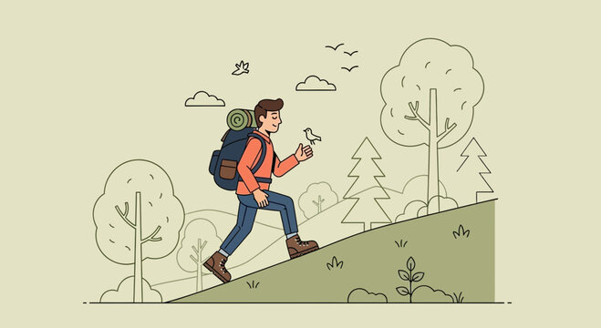 A hiker man cartoon with backpack climb up on hill with a little bird in nature outdoors adventure illustration