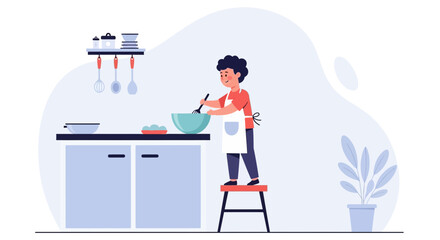 A joyful child is cooking in a modern kitchen using stool, wearing apron and stirring batter, promoting home happiness and culinary learning