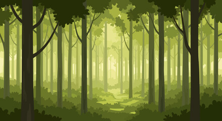 Obraz premium Lush forest scenery with soft sunlight and deep woodland perspective