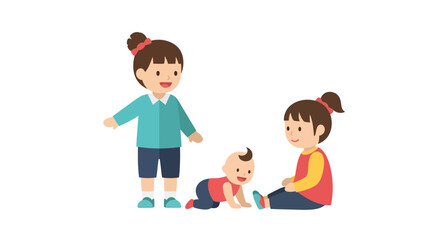 Obraz premium Playful cartoon illustration featuring girls and crawling infant on white
