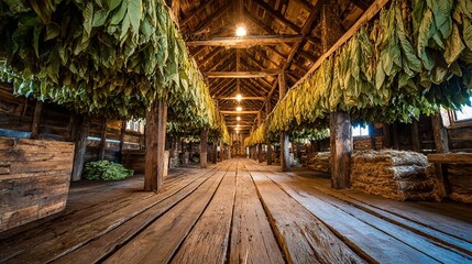  Curing Tobacco Leaves Hanging in a Rustic Barn. Rows of Cigar Tobacco Leaves Drying Slowly from Wooden Rafters.