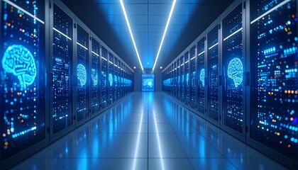 Futuristic Server Room with Holographic Brain Circuits