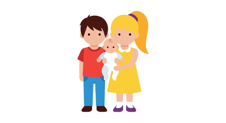 Stylized family illustration with parents holding a baby cartoon design