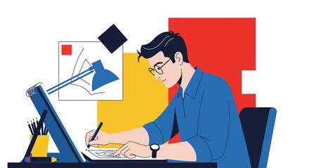 Creative Graphic Designer Working At His Desk Making Digital Artwork