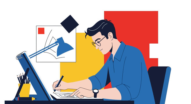 Creative Graphic Designer Working At His Desk Making Digital Artwork