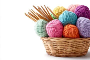 Boho-style basket of colorful yarn with knitting needles isolated on white, studio-lit high-resolution stock photo with professional color grading