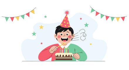 Cartoon Boy Celebrating His Birthday With Cake And Festive Decoration
