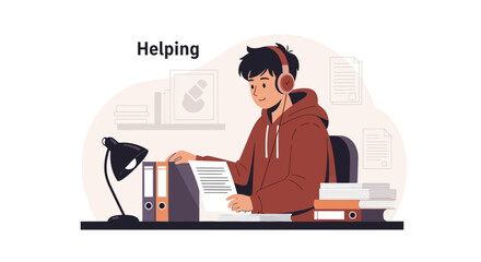 A young man helping by reviewing documents wearing headphones in an office setting