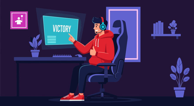 Cartoon gamer celebrating victory in a room decorated with gaming related elements
