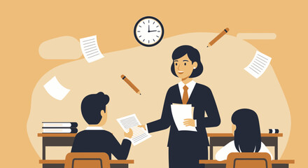 Dedicated Teacher Giving Back Assignments To Her Students In The Classroom