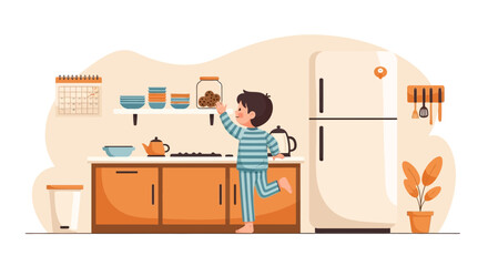 Cartoon illustration of a child reaching for cookies in a jar on kitchen counter