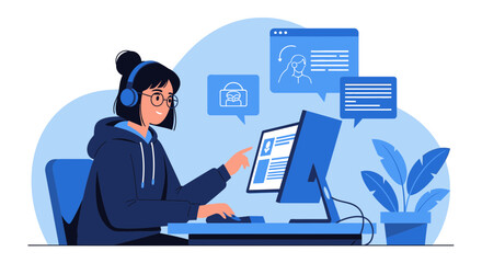 Focused woman working on computer with headphones in a modern workspace setting illustration