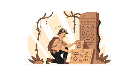 Adventurer Solving Ancient Puzzle Near Jungle Stone Pillar With Symbols