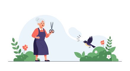 Naklejka premium Cartoon Illustration of an Elderly Woman Scolding a Bird with Scissors in Hand Outdoors