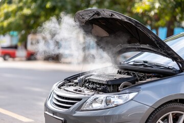 Gray car with open hood emitting steam, parked on the side of a road.