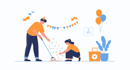 Fototapeta premium After Party Cleanup With Friends Cleaning Together Celebration Concept Design
