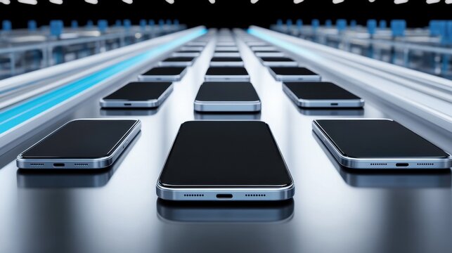 Rows of new smartphones on a conveyor belt, in a modern manufacturing facility, ready for packaging and distribution.