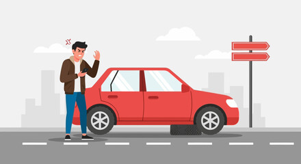 Frustrated Driver With Flat Tire Calling For Assistance On His Mobile Phone