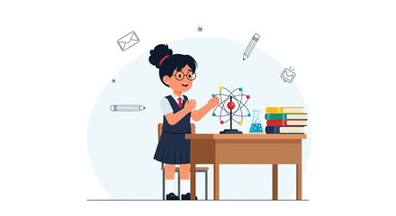 Animated Young Student Is Studying Science Lesson About The Atom Structure