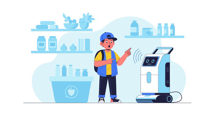 Astonished Boy Interacting With A Modern Delivery Robot At The Supermarket