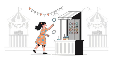 Cheerful girl enjoying a carnival game with tents and festive decorations illustration