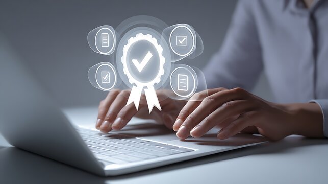 Business person working on laptop with digital quality assurance and certification icons