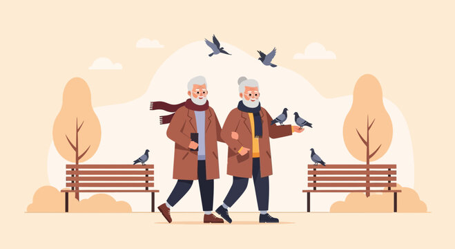Autumnal Stroll A Senior Couple Feeding Pigeons Together In The City Park - Powered by Adobe