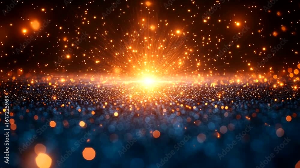 Wall mural golden glittering particles floating in space, cosmic light background animation