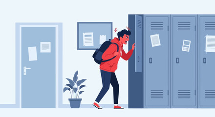 Frustrated student illustration slamming locker in school hallway with backpack and anger expression showing challenges