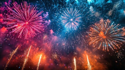Fototapeta premium A cinematic shot of fireworks launching and detonating high above a night sky in vibrant colors