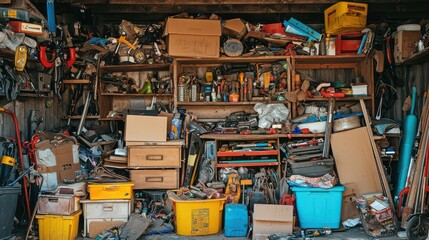 A cluttered garage full of dusty junk like tools, toys, and boxes waiting to be sorted