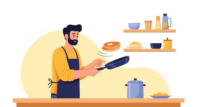 Chef Prepares Fluffy Pancakes Tossing Them Skillfully In The Air