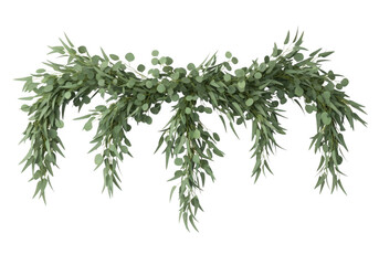 Green eucalyptus and baby s breath garland with cascading leaves isolated on transparent background