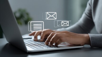 Person typing on laptop with email and document icons floating above