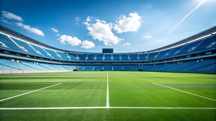 Vast, empty soccer stadium filled with blue seats under a bright sky