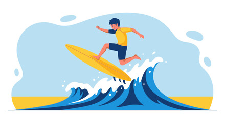 Enthusiastic Surfer Jumping High Riding a Wave for Beach Recreation
