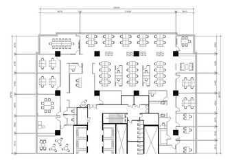 2D AutoCAD Office Layout with Meeting Room, Work Desks, and Common Area - Vector Drawing