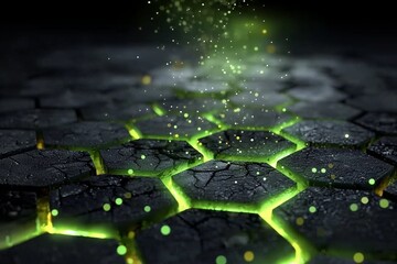 Enigmatic Hexagonal Tiles Emanating Vibrant Green Light in a Mystical Atmosphere