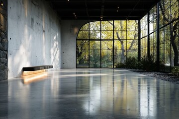 Modern interior with glass wall showcasing vibrant autumn forest and sleek concrete floor