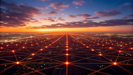 Glowing digital network connects city lights at vibrant sunset sky