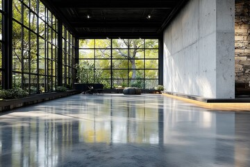 Sunlit Industrial Interior with Floor-to-Ceiling Windows Overlooking Lush Greenery
