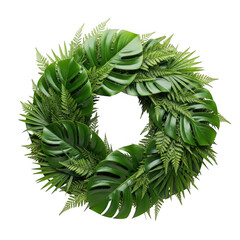 Lush green tropical foliage wreath with monstera and fern leaves isolated on transparent background