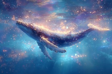 Ethereal Whale Gliding Through Luminous Ocean Waters Illuminated by Magical Sunbeams